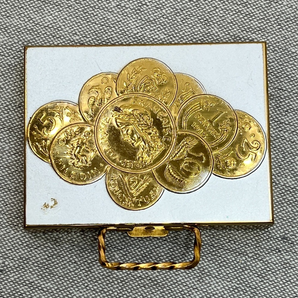 Vintage Foreign European‎ Gold Coin Design Silver Rectangle Compact Case